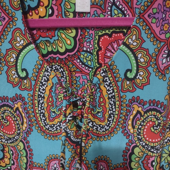 Chico's Blue and Pink Graphic 3/4 Sleeve Blouse - Picture 3 of 5